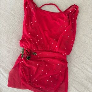 balera Bright Red Dance Dress with Rose Applique and Crystals